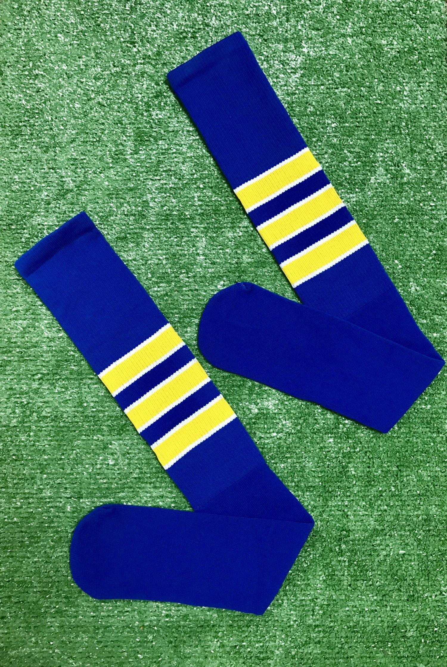 Baseball Full Length Royal Blue Sock With Three Gold Stripes With White Trim 3 Baseball Full Length Royal Blue Sock With Three Gold Stripes With White Trim