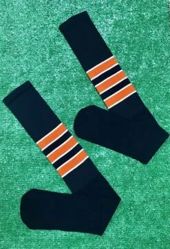 Baseball Full Length Black Sock With Three Orange Stripes With White Trim