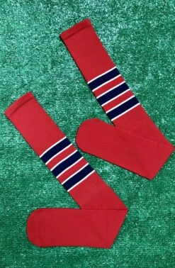 Baseball Full Length Red Sock With Three Navy Blue Stripes With White Trim