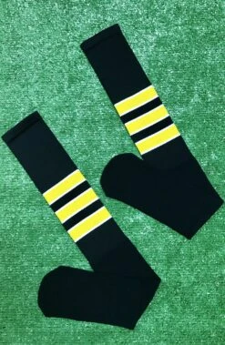 Baseball Full Length Black Sock With Three Gold Stripes With White Trim