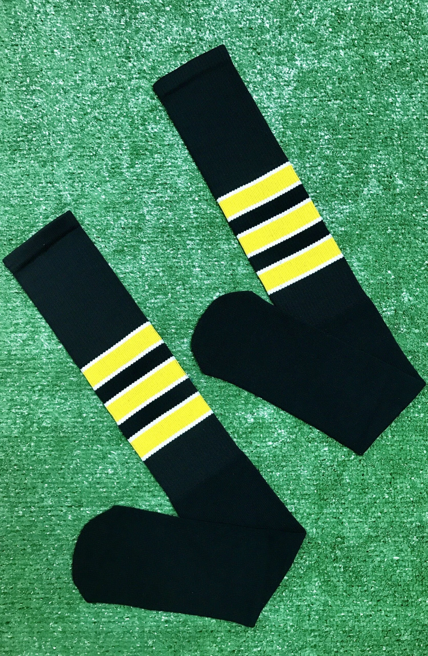 Baseball Full Length Black Sock With Three Gold Stripes With White Trim 3 Baseball Full Length Black Sock With Three Gold Stripes With White Trim